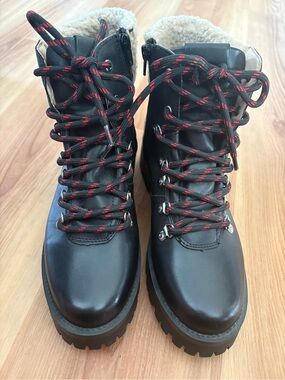 Steve Madden Black Leather Lace-Up Boots with Red Accent Laces